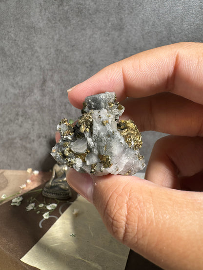 Gem Dolomite with Fibrous Black Inclusions and Iridescent Chalcopyrite