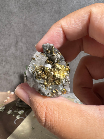 Gem Dolomite with Fibrous Black Inclusions and Iridescent Chalcopyrite