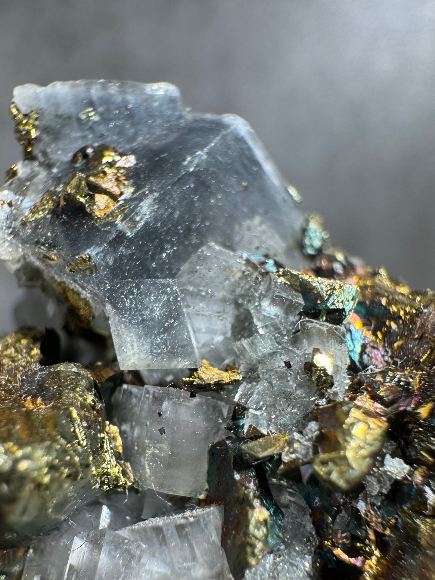 Gem Dolomite with Fibrous Black Inclusions and Iridescent Chalcopyrite