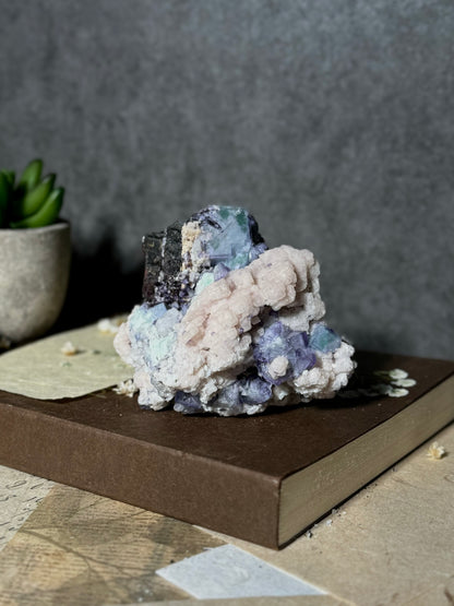 Porcelain Fluorite on Pink Dolomite and Hübnerite (Second Generation)