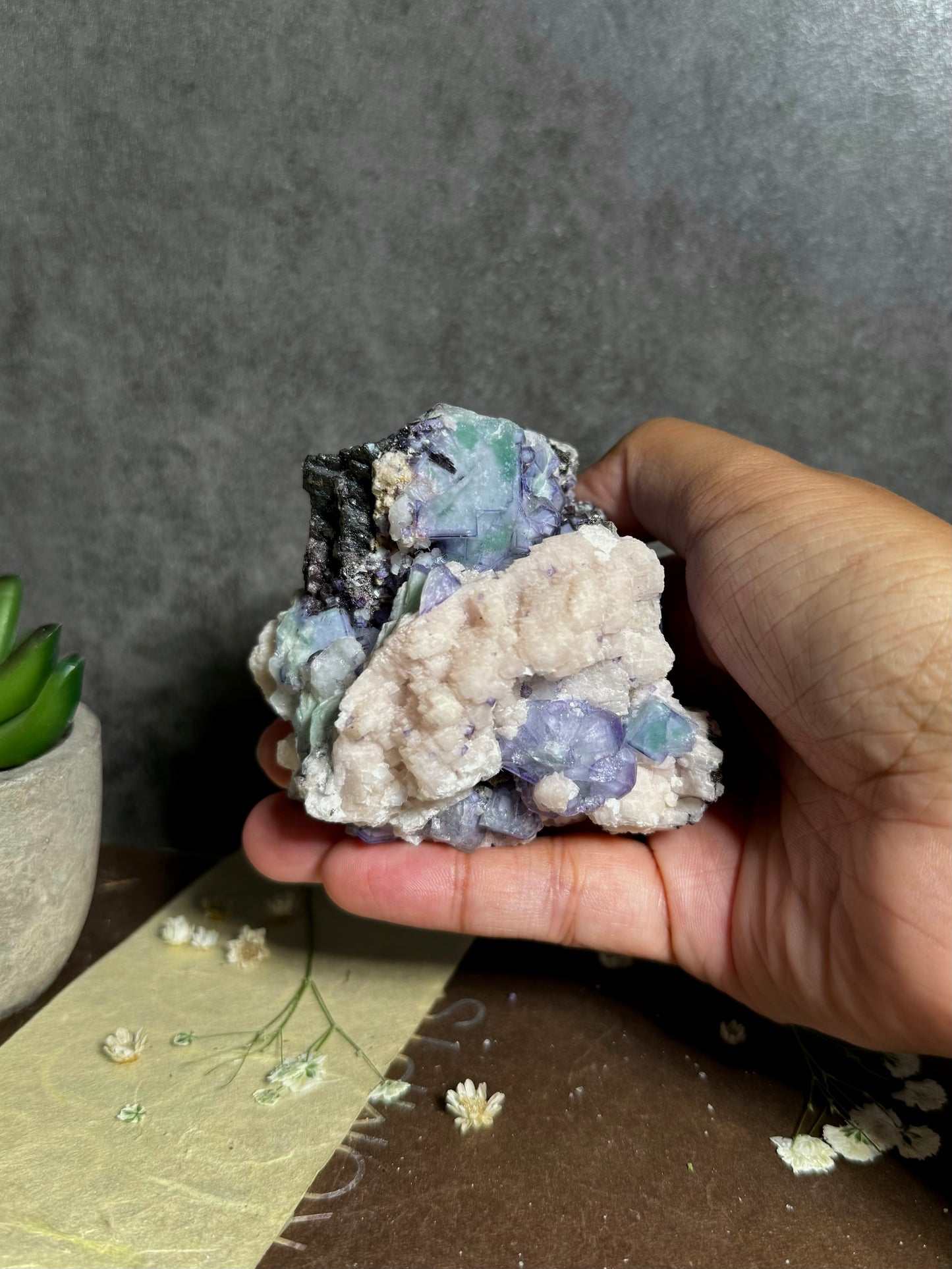 Porcelain Fluorite on Pink Dolomite and Hübnerite (Second Generation)