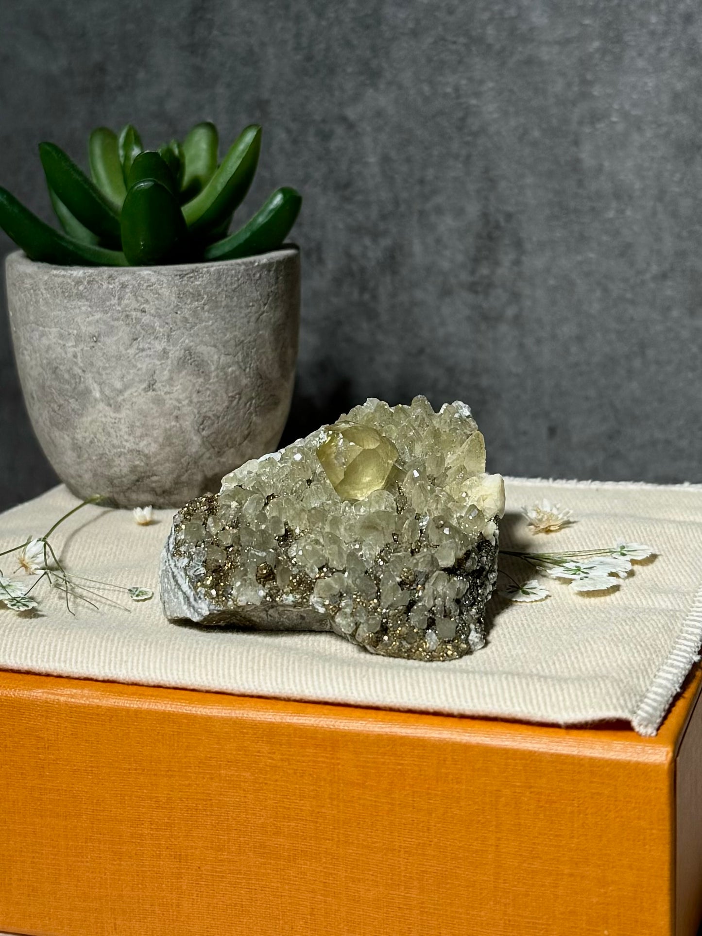 Golden Calcite on Dogtooth Calcite with Chalcopyrite