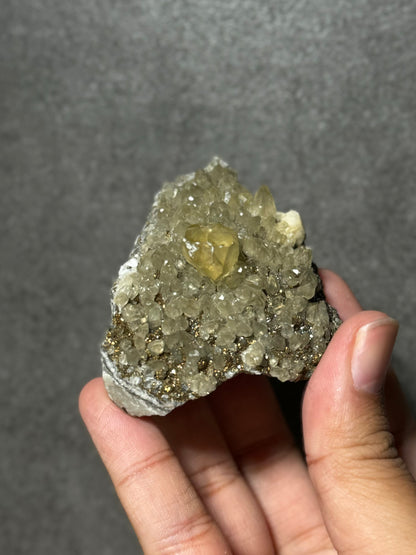 Golden Calcite on Dogtooth Calcite with Chalcopyrite