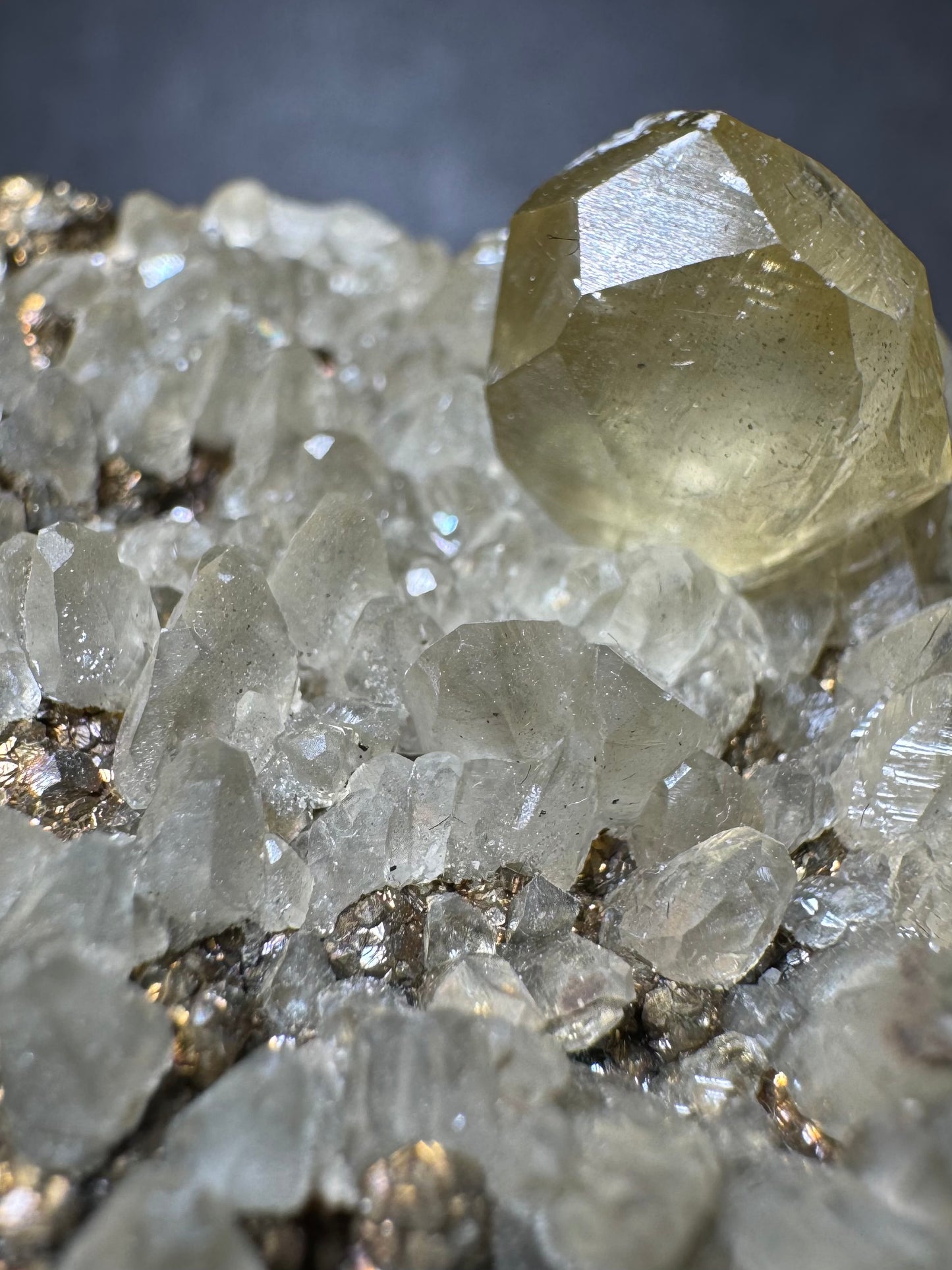 Golden Calcite on Dogtooth Calcite with Chalcopyrite